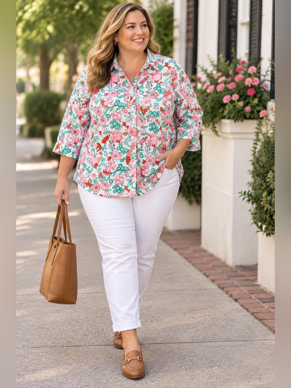 Lands’ End Supima Cotton Floral Button Down Blouse Plus 22W Pink Green